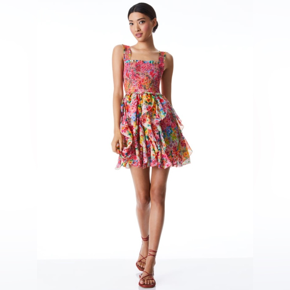 Alice + Olivia Pink Floral Ruffled Midi Dress